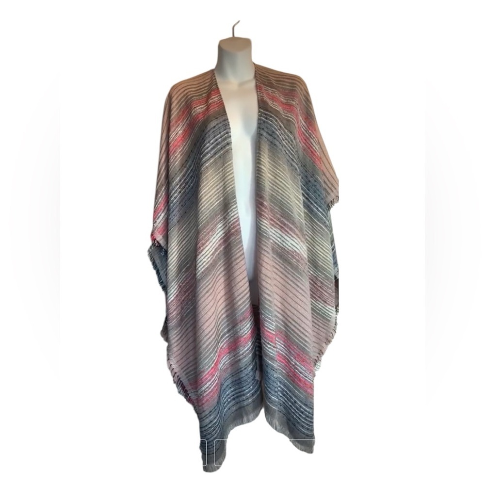 Chico's Striped Open-Front Knit Wrap in Gray, Cream & Pink